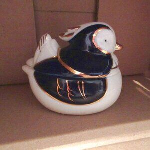 Vtg Japan Duck Trinket Box With Lid Cobalt Blue Gold Trim Otagiri? 60s MCM Bird
